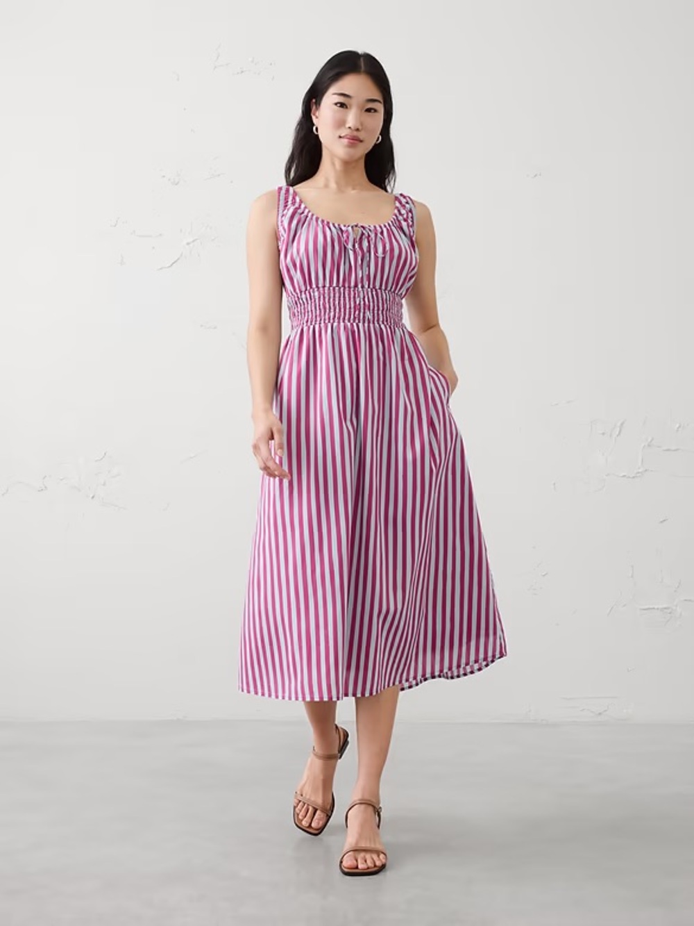 NWT Banana Republic Smocked Waist Midi Waist - Red Stripe | Size XS Petite